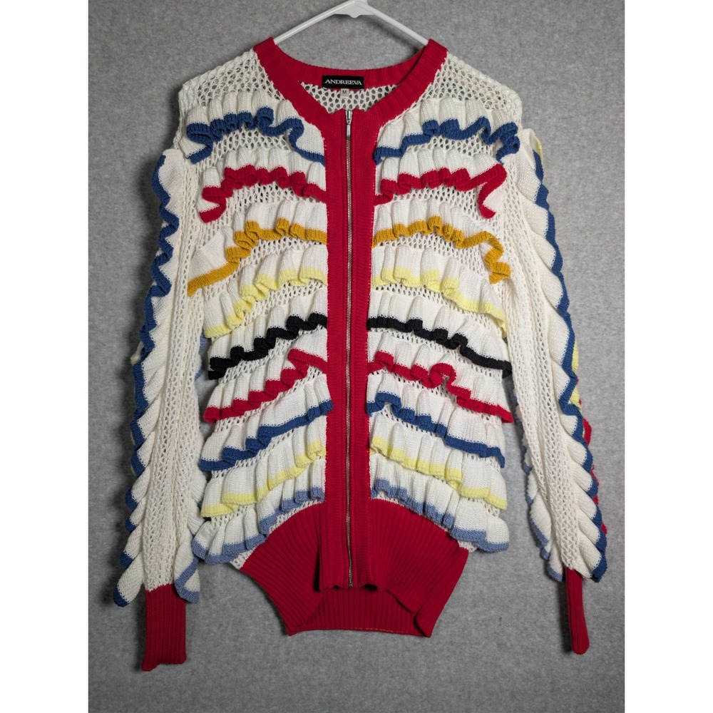 ANDREEVA Crochet‎ Sweater Multi Color Ruffle Open Knit Zip Up Cardigan Medium